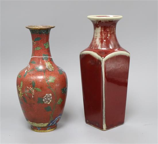 A Chinese cloisonne enamel vase and a sang de boeuf vase tallest 26cm